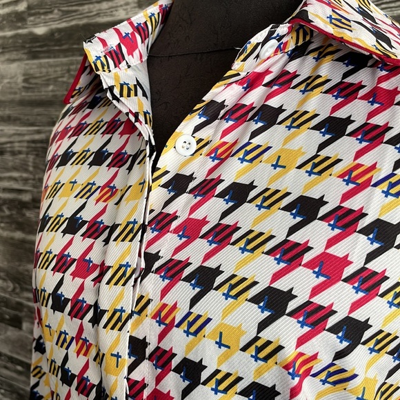 Vicky and Lukas Houndstooth Button Down Top Medium Red/yellow/blue/black/white - Picture 3 of 9